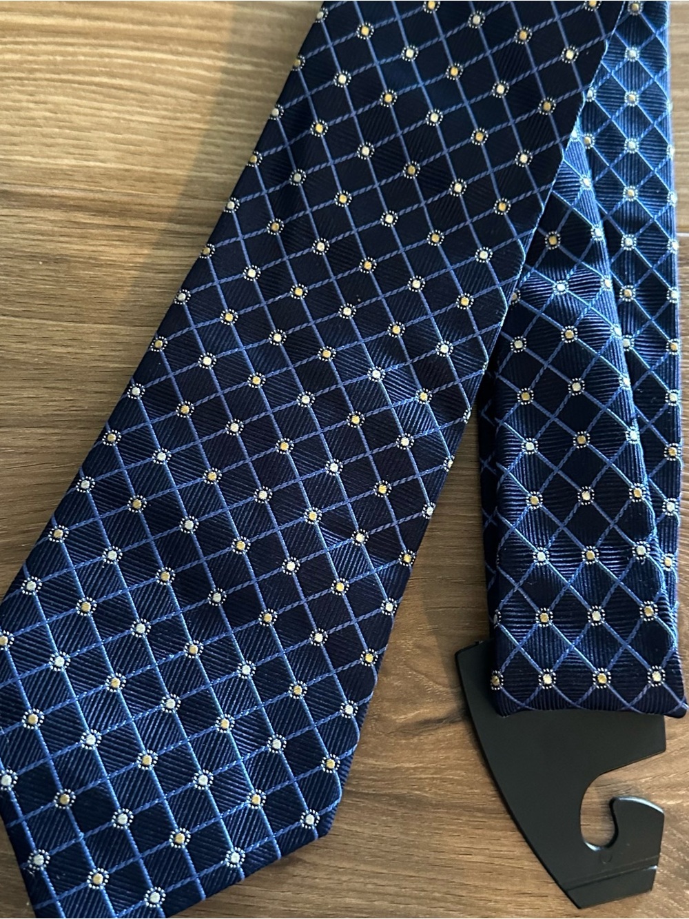 100%SILK Tasso Elba Navy Blue Grid Tie with Gold Dot Accents